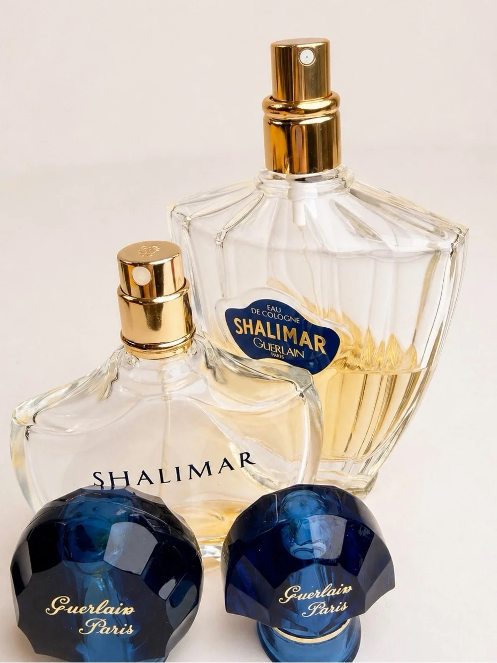 Vintage Guerlain Shalimar Bottle Set Spray w Blue Caps - Picture 4 of 8